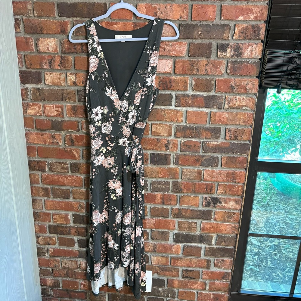 LOFT Black Floral Midi Dress